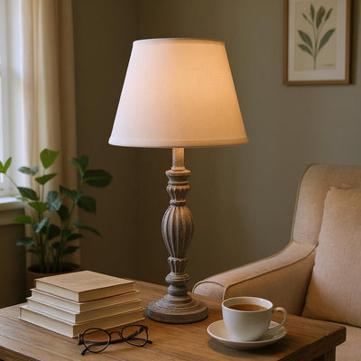 Rustic Wooden Table Lamp with Fabric Shade – Vintage Style Lighting