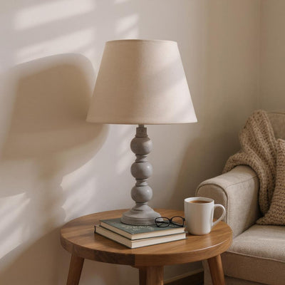 Grey Wooden Beaded Table Lamp with Shade