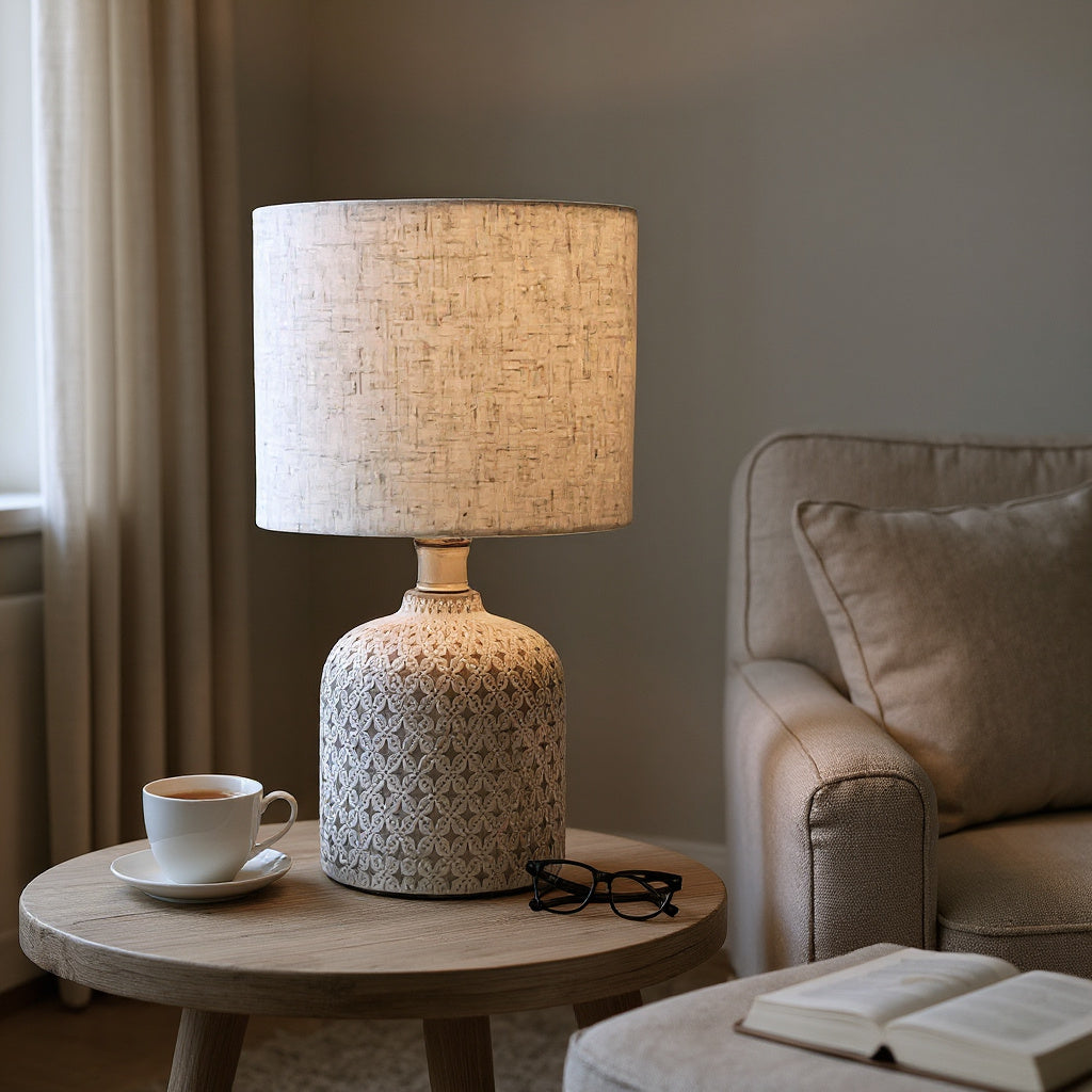 Grey Ceramic Table Lamp with Drum Shade