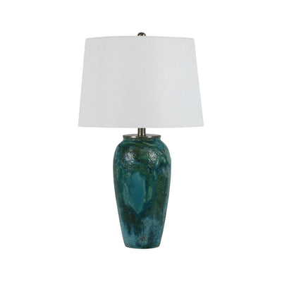 Blue and Green Ceramic Table Lamp with White Shade