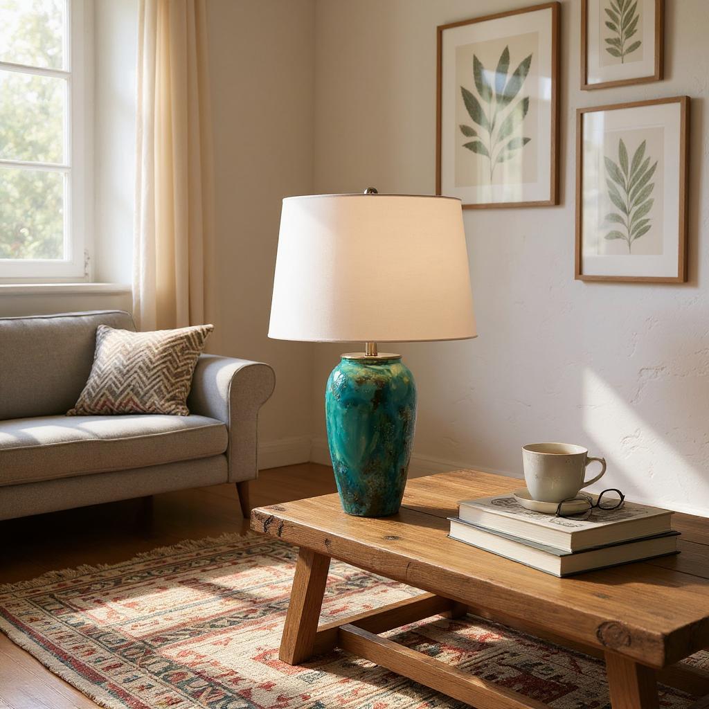 Blue and Green Ceramic Table Lamp with White Shade