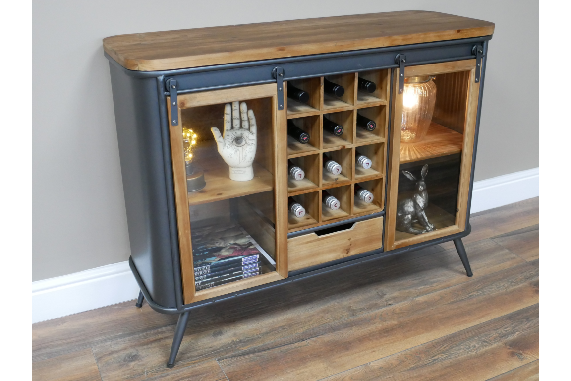 Industrial Rustic Wood and Metal Wine Cabinet with Sliding Glass Doors