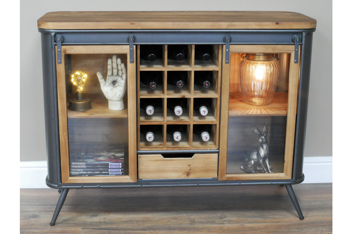 Industrial Rustic Wood and Metal Wine Cabinet with Sliding Glass Doors