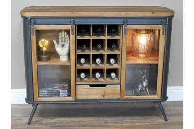 Industrial Rustic Wood and Metal Wine Cabinet with Sliding Glass Doors