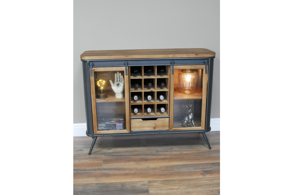 Industrial Rustic Wood and Metal Wine Cabinet with Sliding Glass Doors