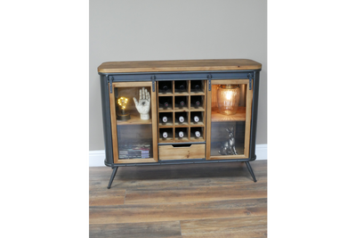 Industrial Rustic Wood and Metal Wine Cabinet with Sliding Glass Doors