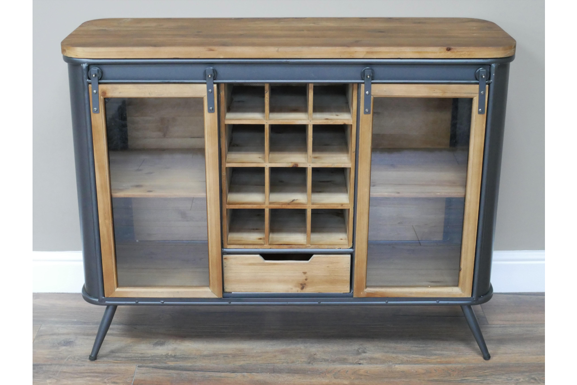 Industrial Rustic Wood and Metal Wine Cabinet with Sliding Glass Doors