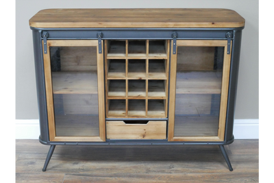Industrial Rustic Wood and Metal Wine Cabinet with Sliding Glass Doors
