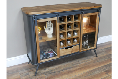 Industrial Rustic Wood and Metal Wine Cabinet with Sliding Glass Doors