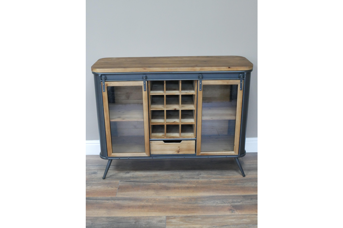 Industrial Rustic Wood and Metal Wine Cabinet with Sliding Glass Doors