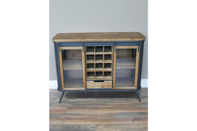 Industrial Rustic Wood and Metal Wine Cabinet with Sliding Glass Doors
