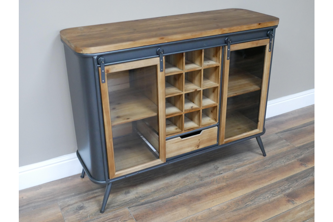 Industrial Rustic Wood and Metal Wine Cabinet with Sliding Glass Doors