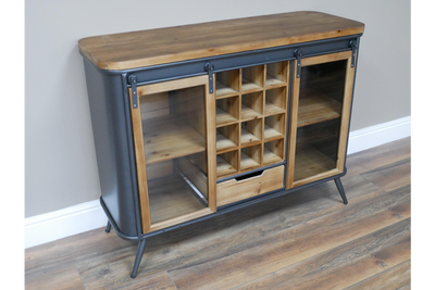 Industrial Rustic Wood and Metal Wine Cabinet with Sliding Glass Doors