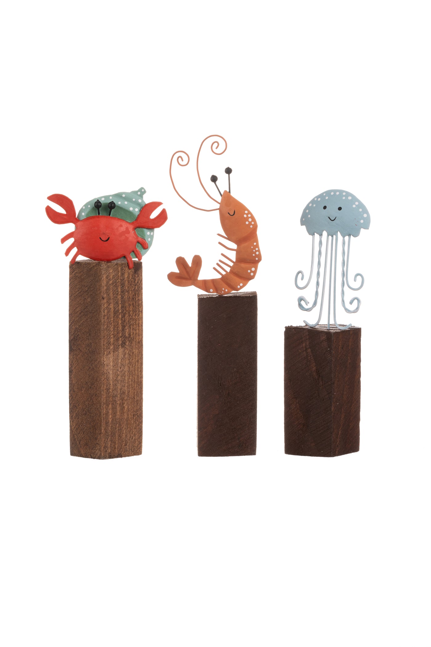 Set of 3 Nautical Sea Creature Ornaments – Crab, Shrimp & Jellyfish on Wooden Bases