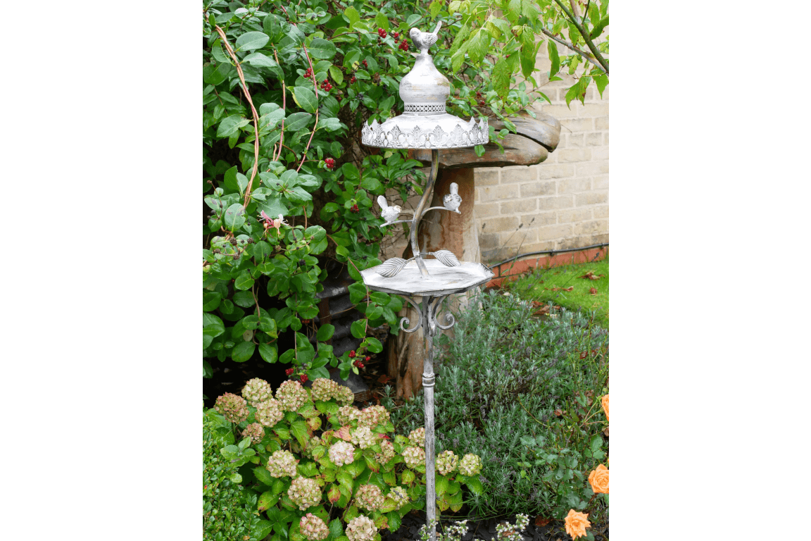 Ornate Standing Bird Feeder with Decorative Birds – Vintage Garden Decor