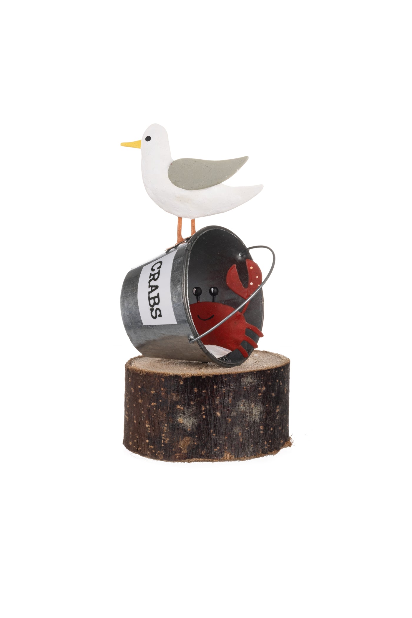 Seagull with Crabs Bucket on Wood Base – Nautical Shelf Sitter Ornament