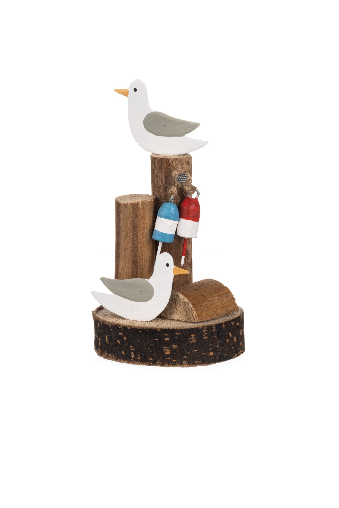 Seagulls on Driftwood Base with Buoys – Nautical Shelf Sitter