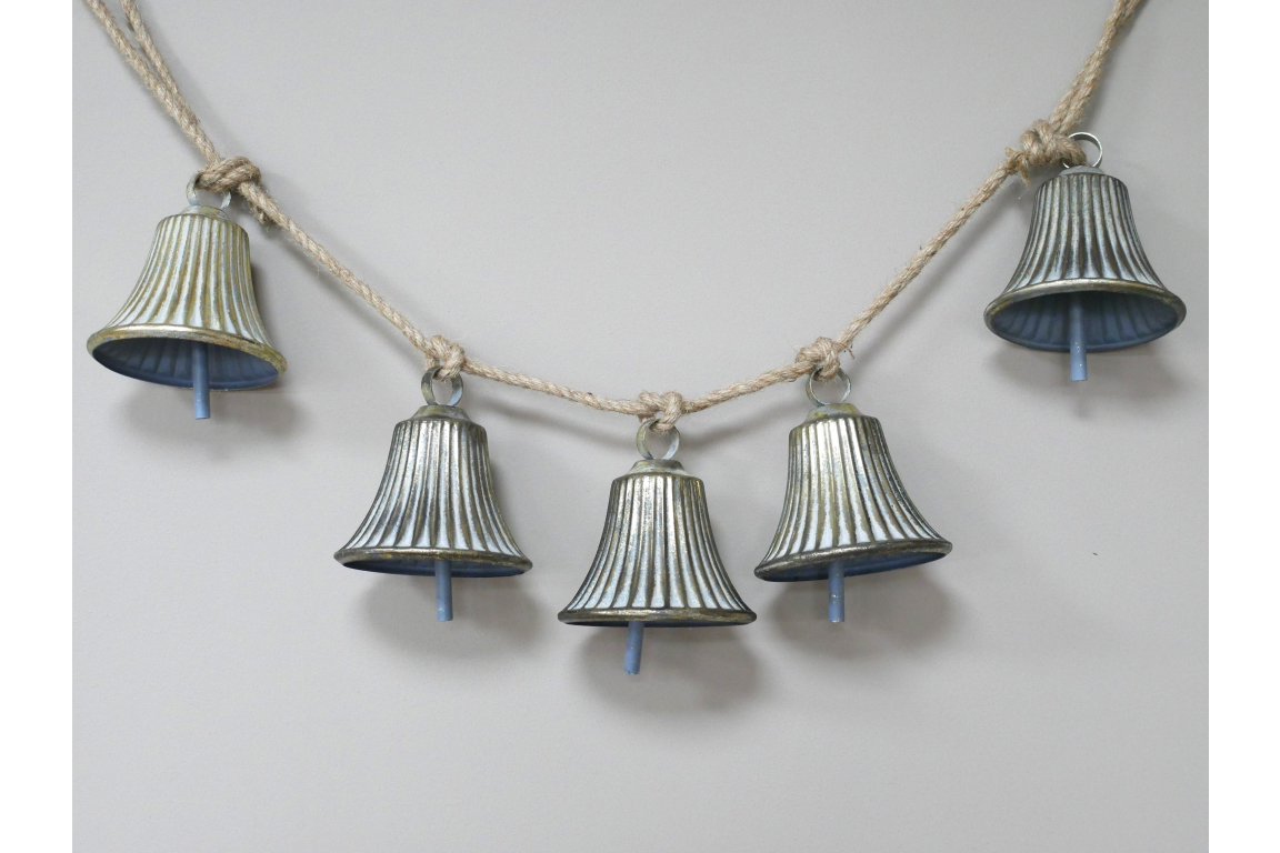 Vintage Christmas Bell Garland - 5 Metal Bells on Jute Rope