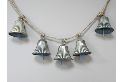 Vintage Christmas Bell Garland - 5 Metal Bells on Jute Rope