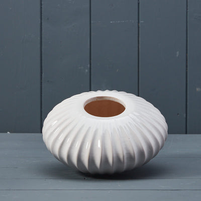 White Ceramic Sea Urchin Pot Style Vase with Ribbed Relief Design ***Seconds***