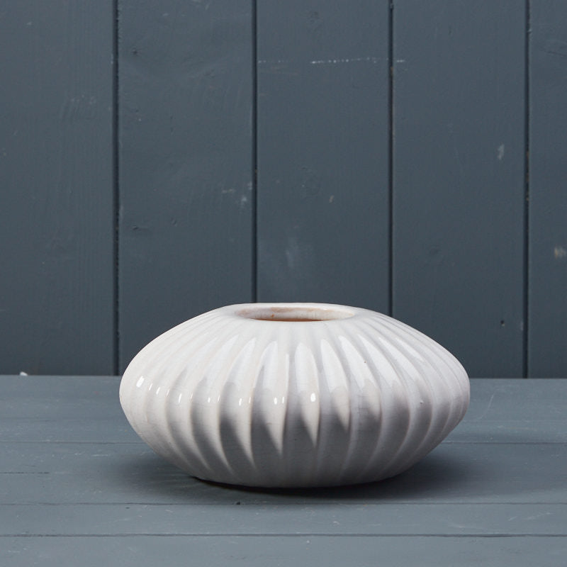 White Ceramic Sea Urchin Pot Style Vase with Ribbed Relief Design ***Seconds***