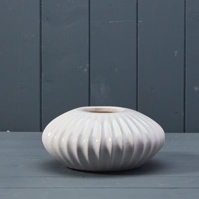 White Ceramic Sea Urchin Pot Style Vase with Ribbed Relief Design ***Seconds***