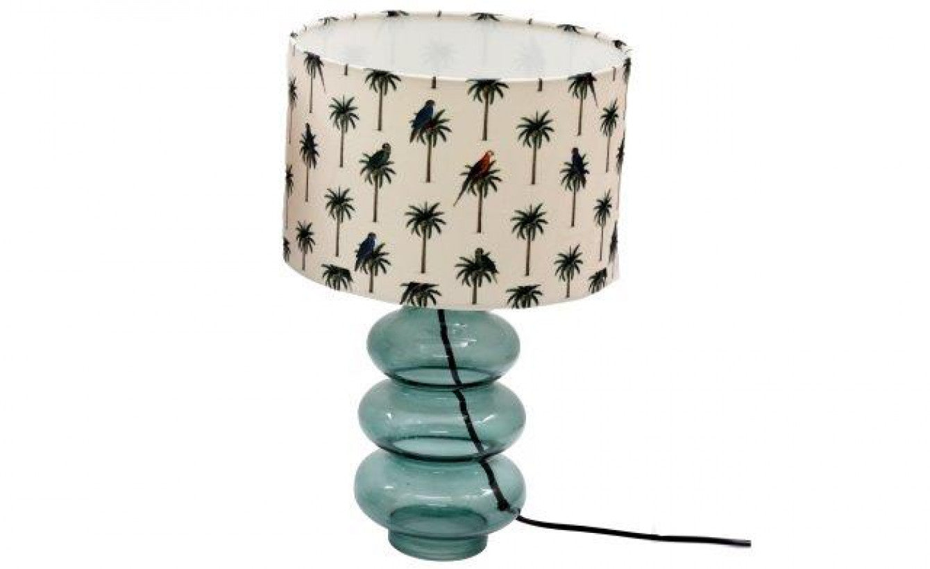 Tropical Glass Table Lamp with Palm Tree and Parrot Print Shade