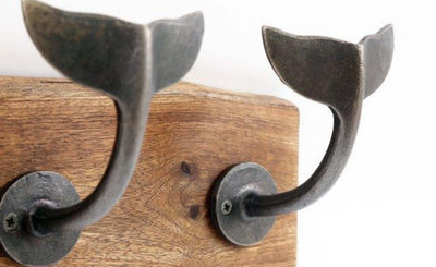 Whale Tail Wall Hooks on Natural Wooden Plinth in Silver or Brass