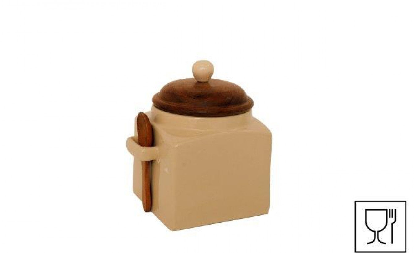 Rustic Stoneware Storage Jar with Wooden Lid & Spoon