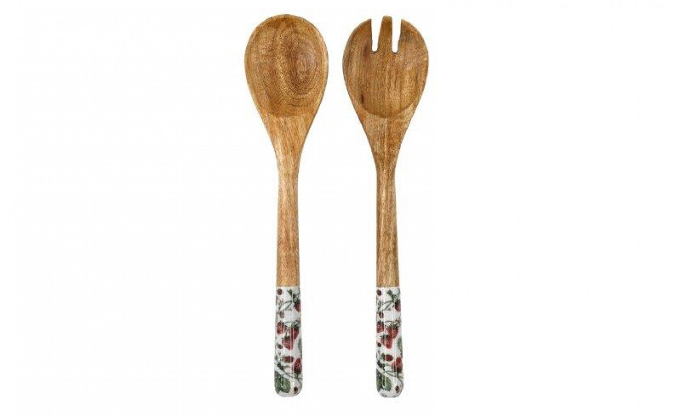 Strawberry Wooden & Enamel Salad Server Set – Rustic Kitchen Utensils