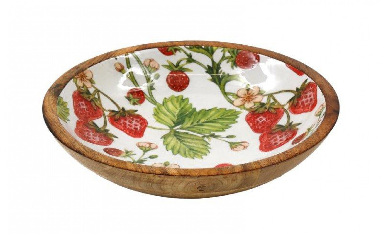 Strawberry Wooden & Enamel Shallow Bowl – Rustic Fruit & Salad Serving Dish