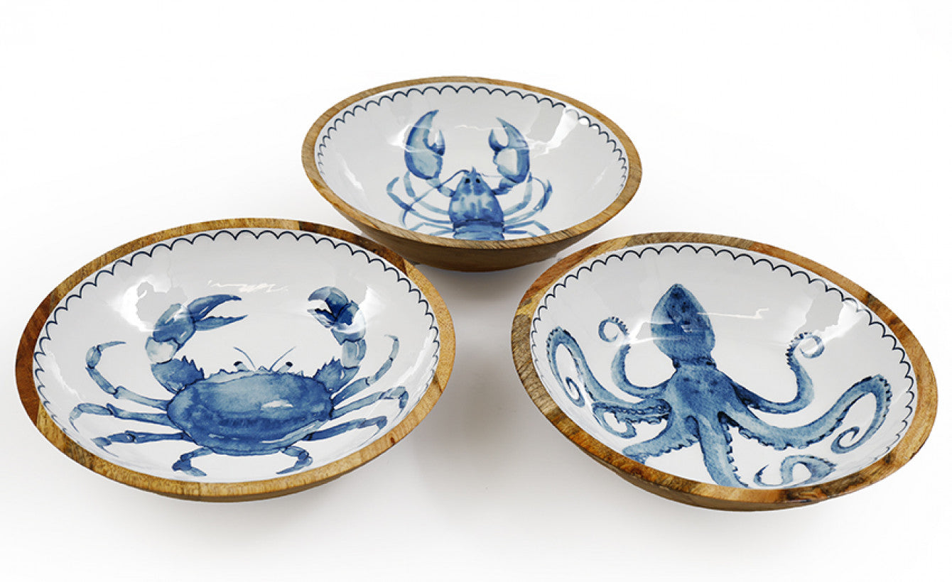 Nautical Shallow Bowl with Blue Crab, Octopus & Lobster Design