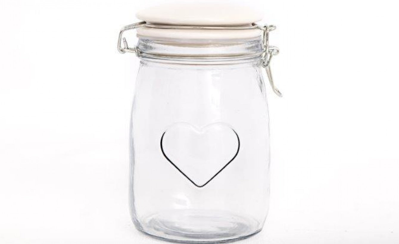 Heart-Embossed Glass Storage Jar with Ceramic Lid