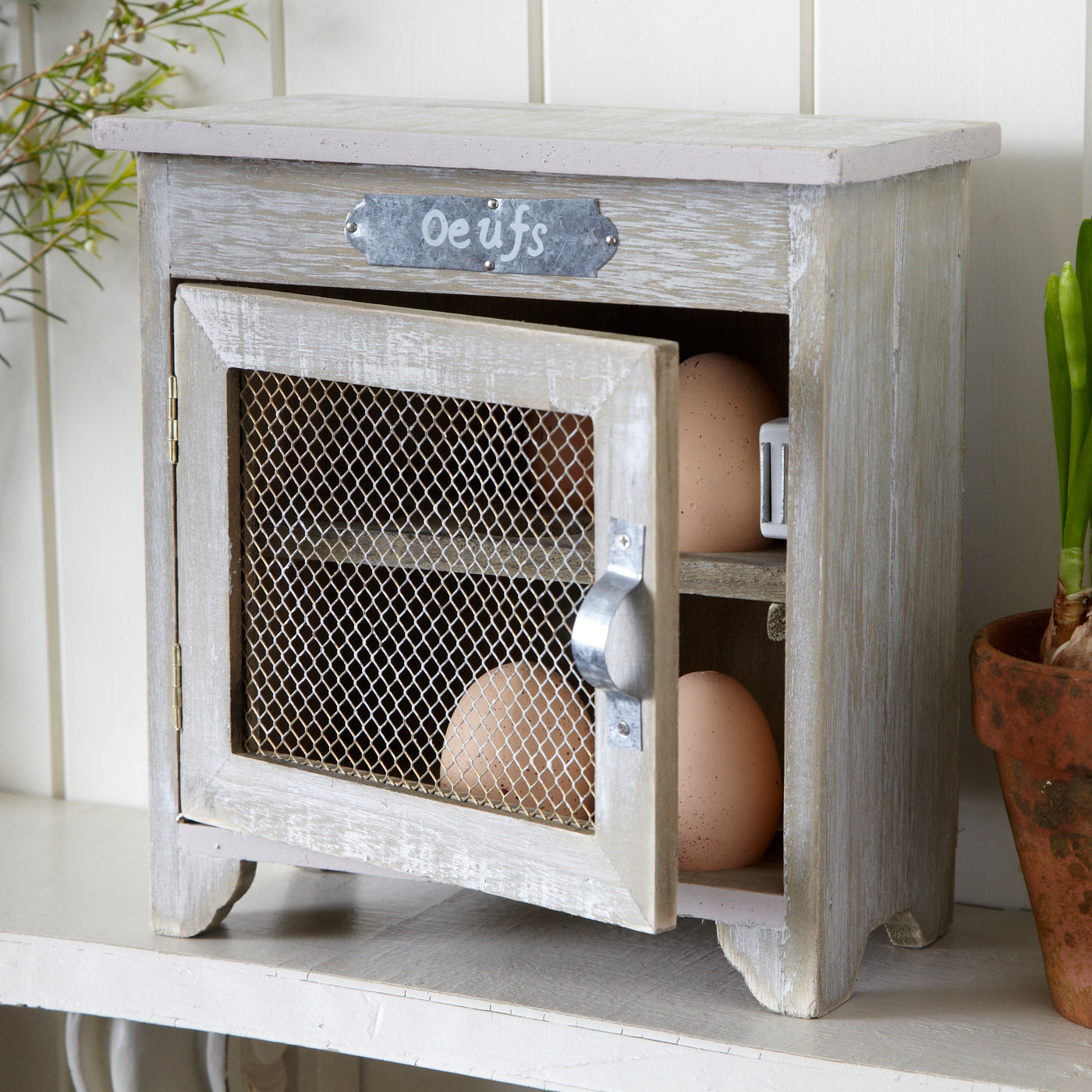 Rustic Wooden Egg Cabinet – Vintage French Style “Oeufs” Storage Box