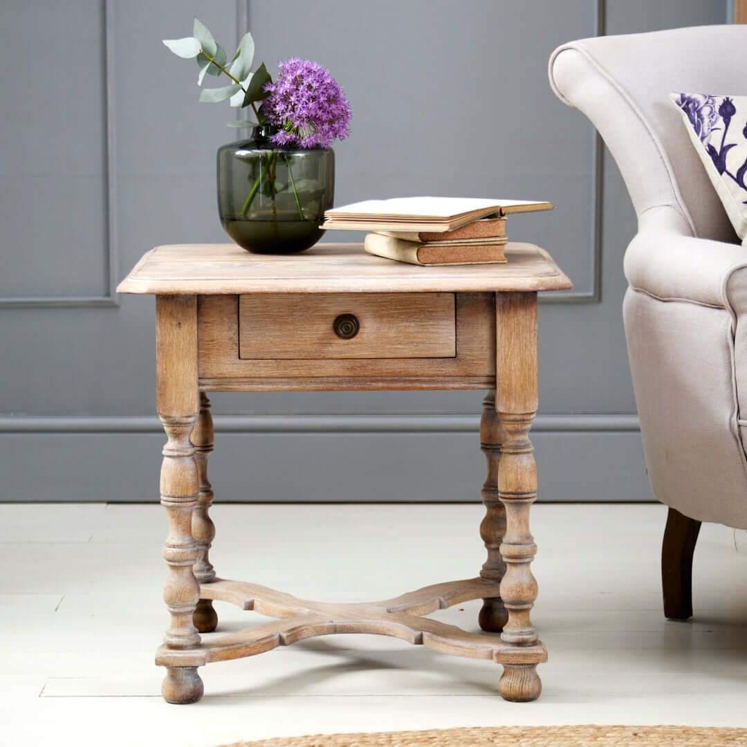 1930's French Oak Limewax Side Table with Drawer