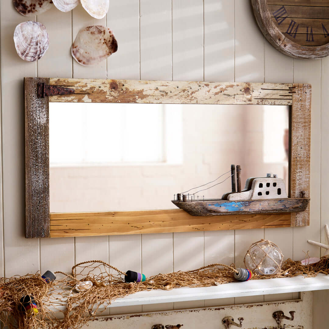 Nautical Themed Distressed Wooden Wall Mirror with Boat Detail