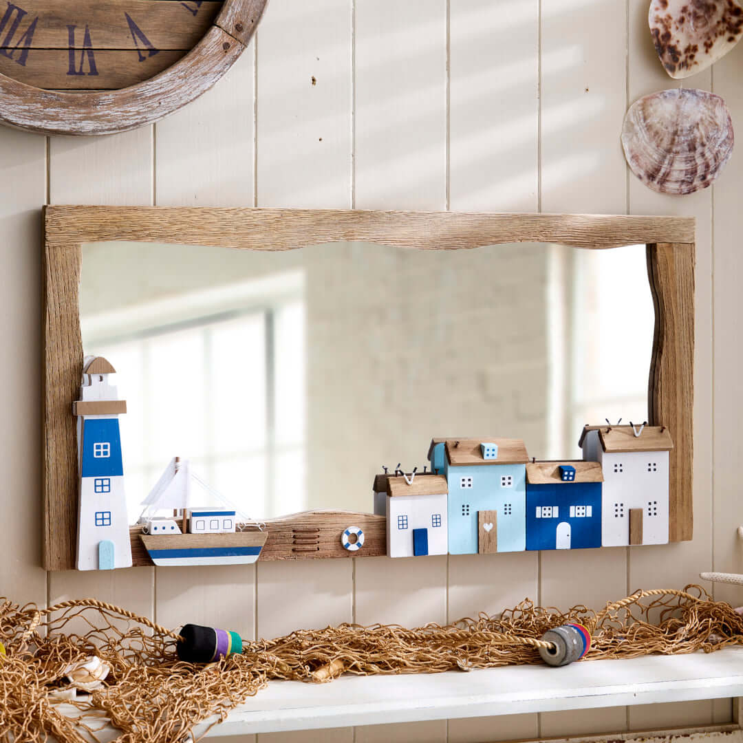 Driftwood Nautical Wall Mirror with Coastal Scene