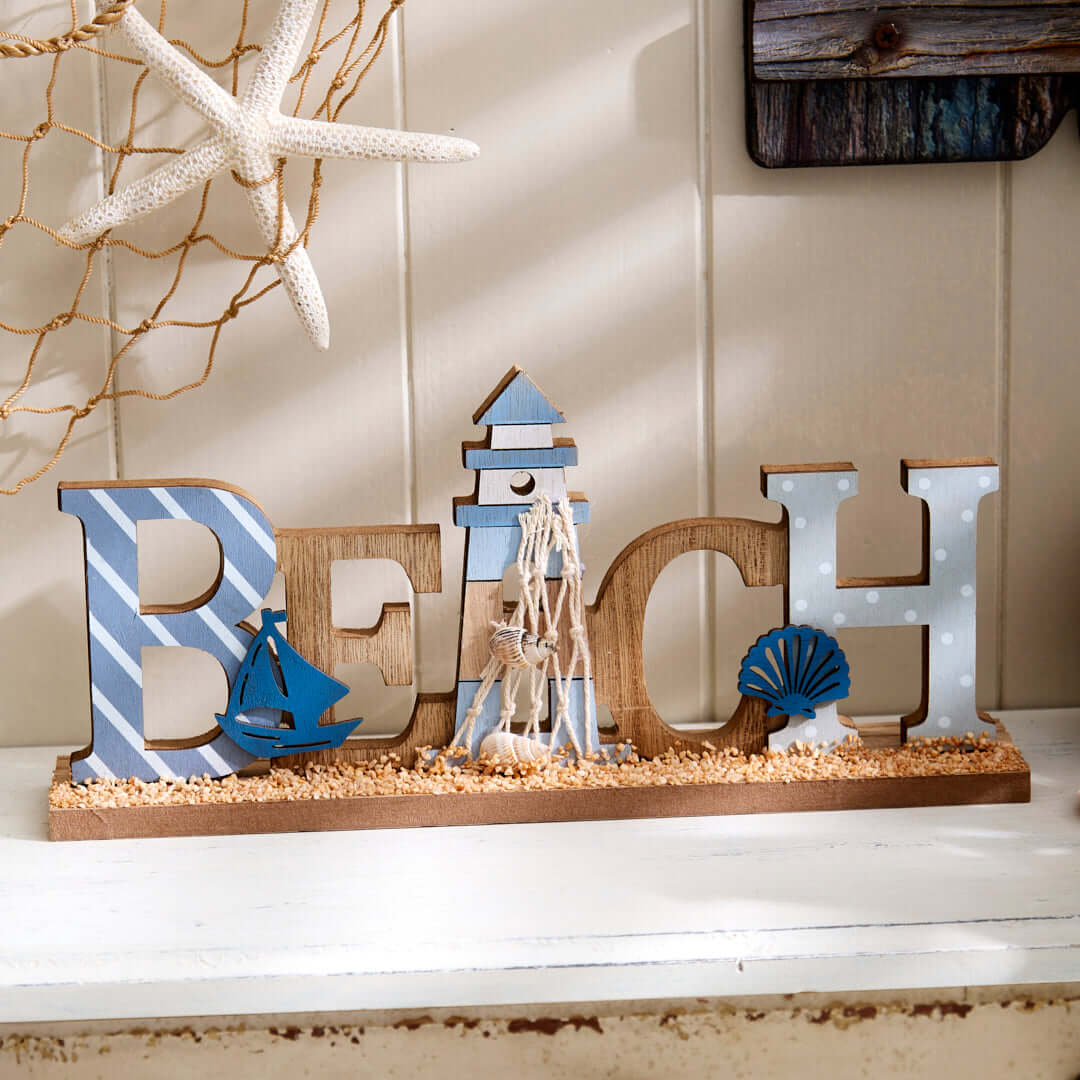 Beach Shelf Sitter with Lighthouse & Nautical Garnish