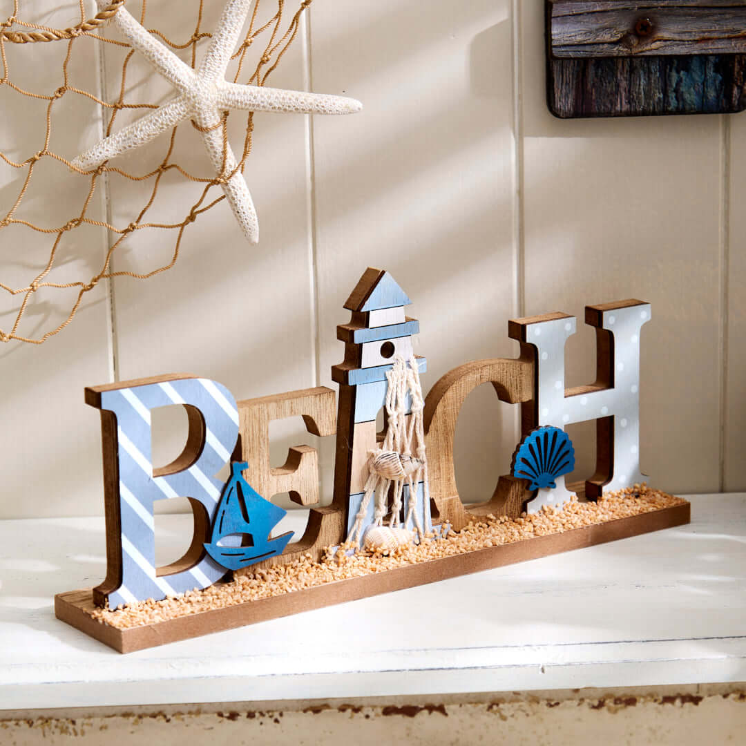 Beach Shelf Sitter with Lighthouse & Nautical Garnish