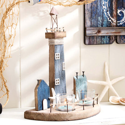 Nautical Lighthouse with Coastal Scene and Tea Light Holder - Blue