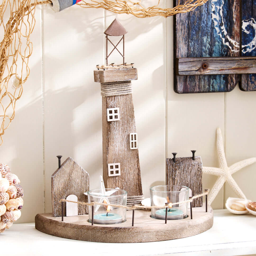 Nautical Lighthouse with Coastal Scene and Tea Light Holder - Natural