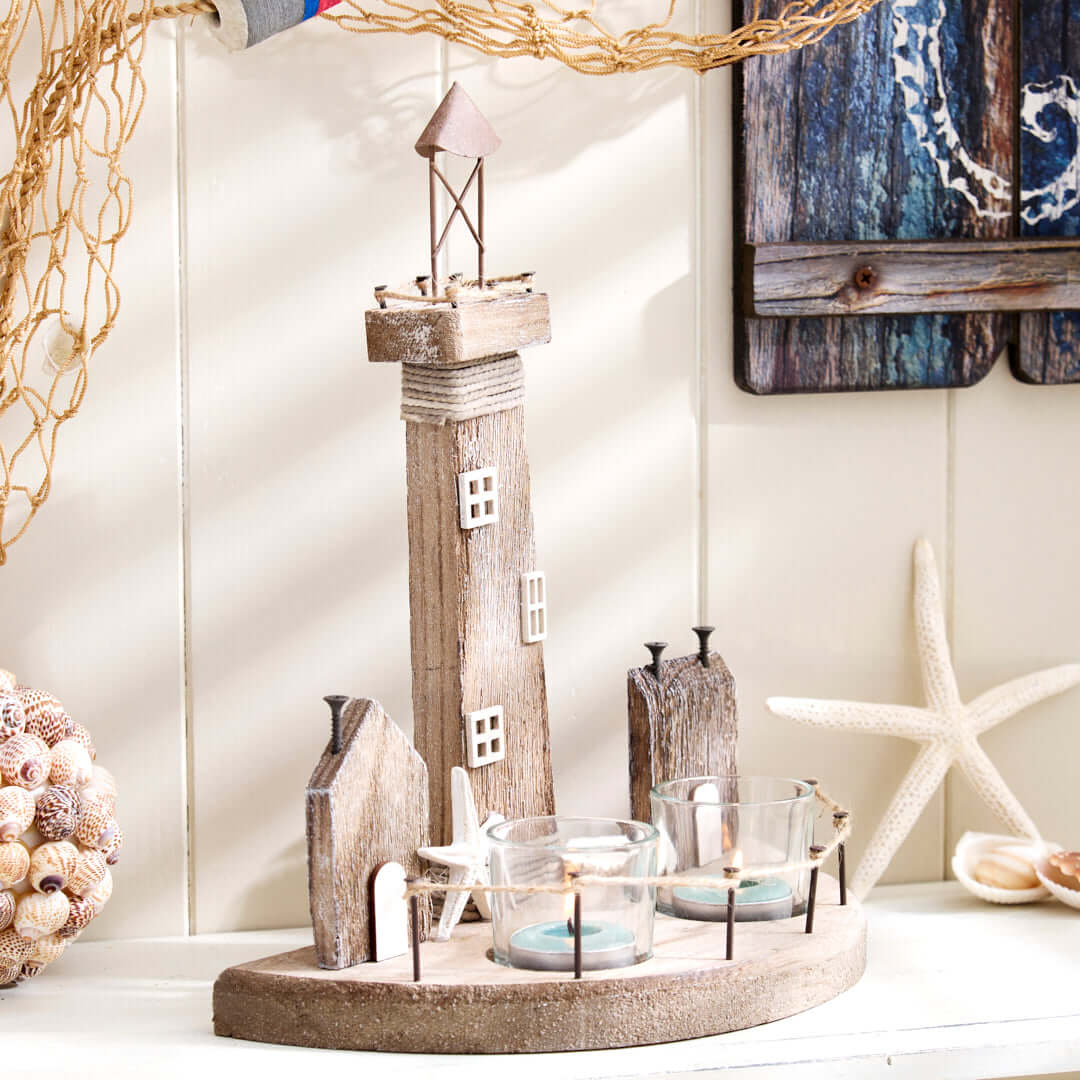 Nautical Lighthouse with Coastal Scene and Tea Light Holder - Natural