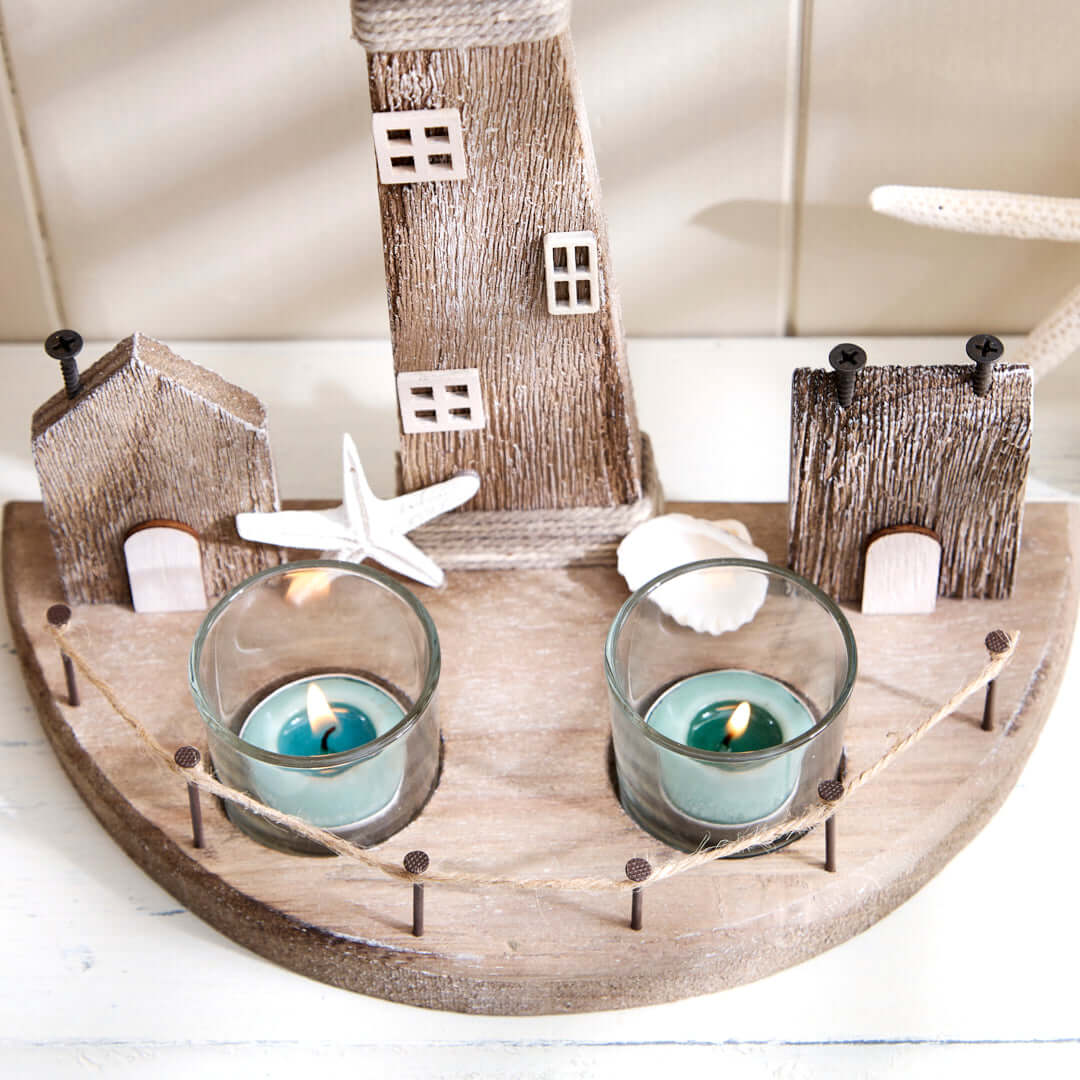 Nautical Lighthouse with Coastal Scene and Tea Light Holder - Natural