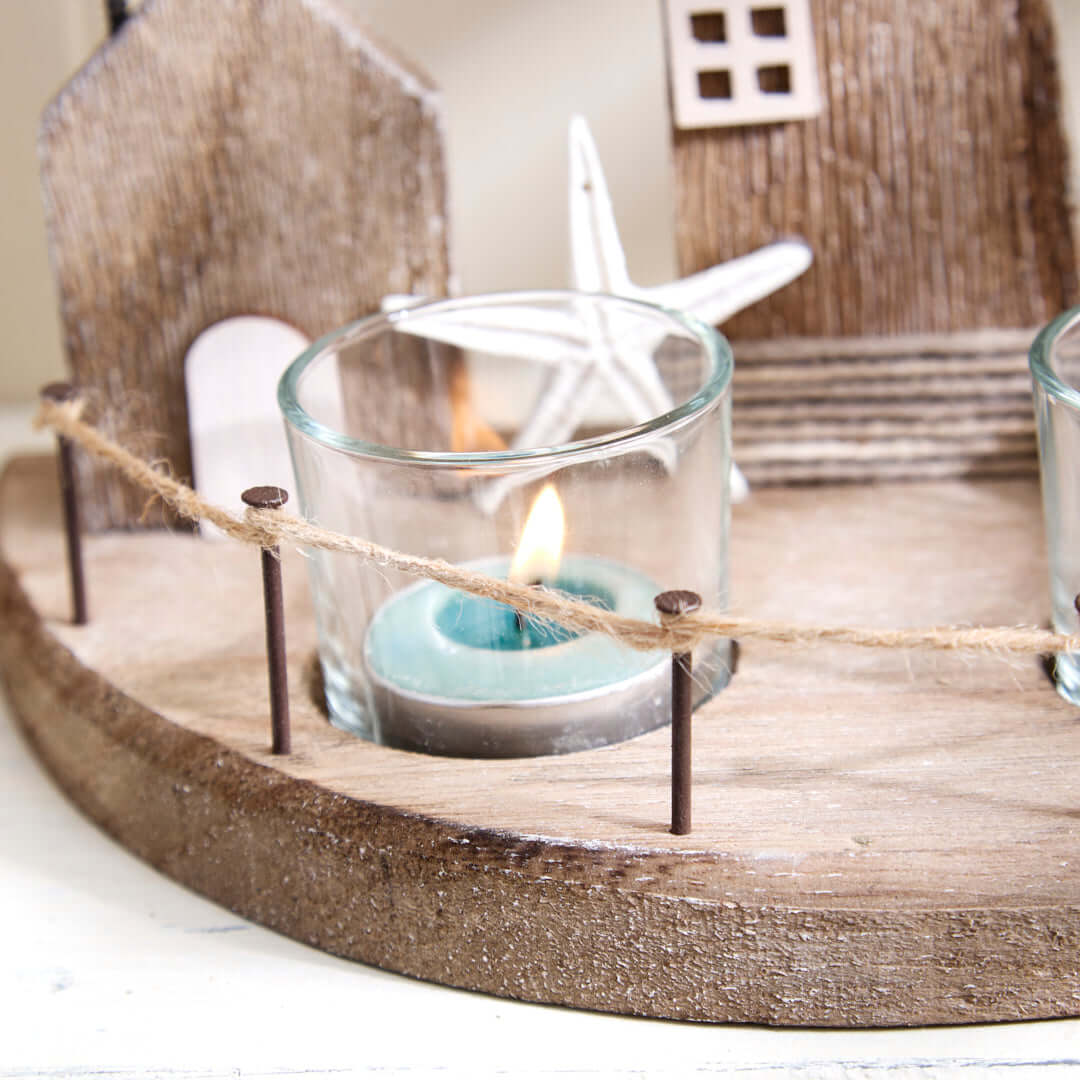 Nautical Lighthouse with Coastal Scene and Tea Light Holder - Natural