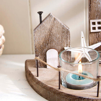 Nautical Lighthouse with Coastal Scene and Tea Light Holder - Natural