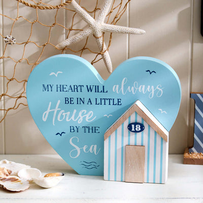 Nautical Heart Shaped Shelf Sitter with  Beach Hut Décor