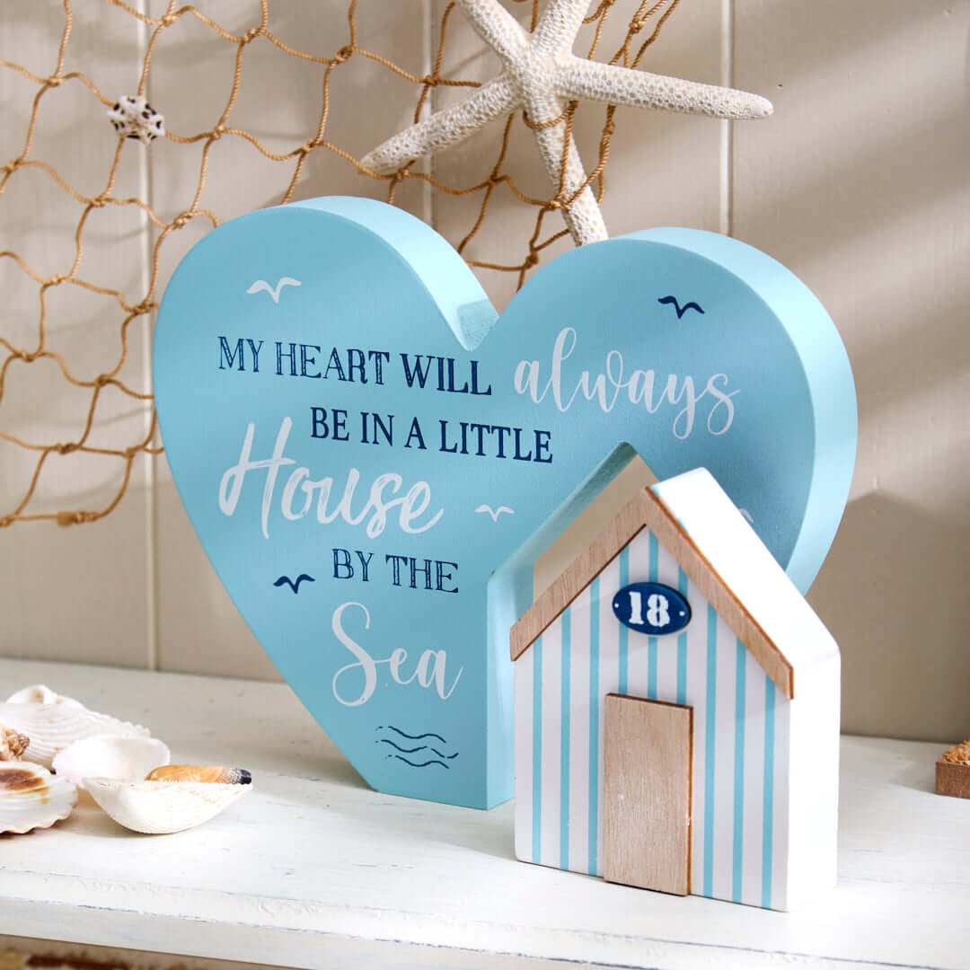 Nautical Heart Shaped Shelf Sitter with  Beach Hut Décor