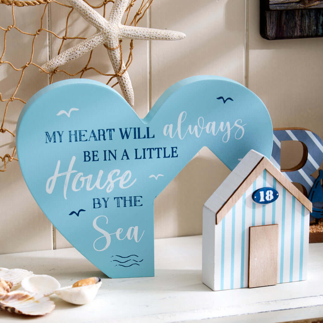 Nautical Heart Shaped Shelf Sitter with  Beach Hut Décor