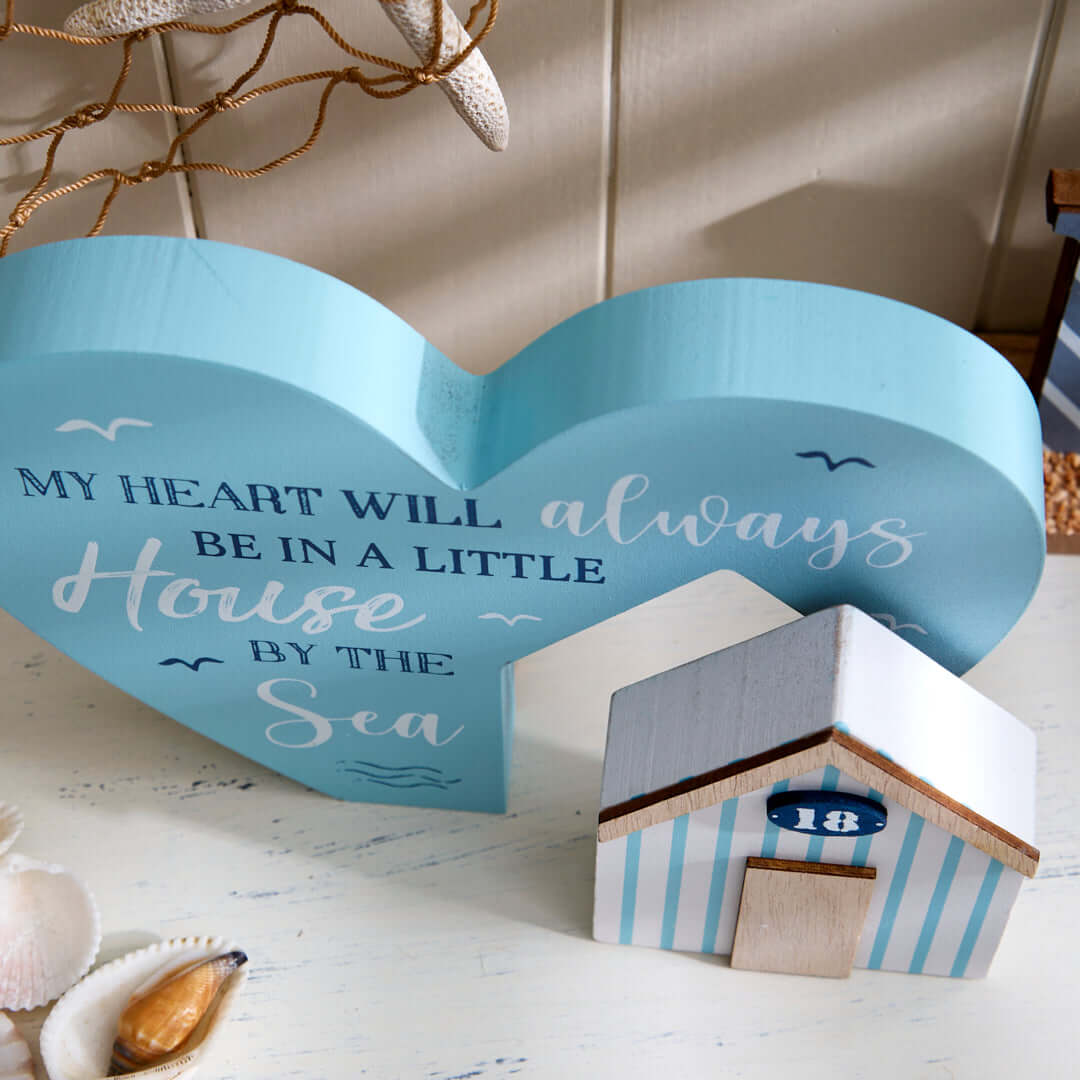 Nautical Heart Shaped Shelf Sitter with  Beach Hut Décor