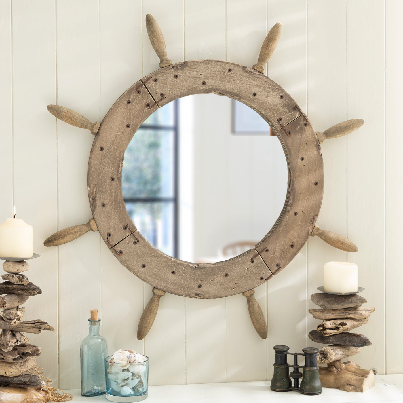 Large Nautical Rustic Ships Wheel Mirror